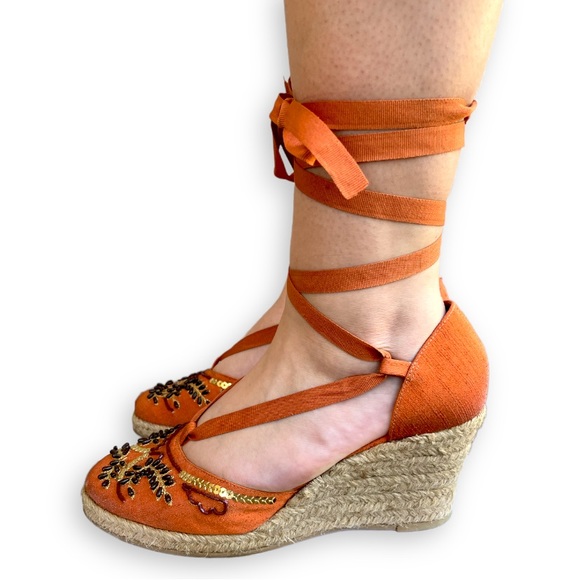 BCBG Orange Satin Beaded Boho Espadrille Wedge Tie Up Sandals - Picture 1 of 14